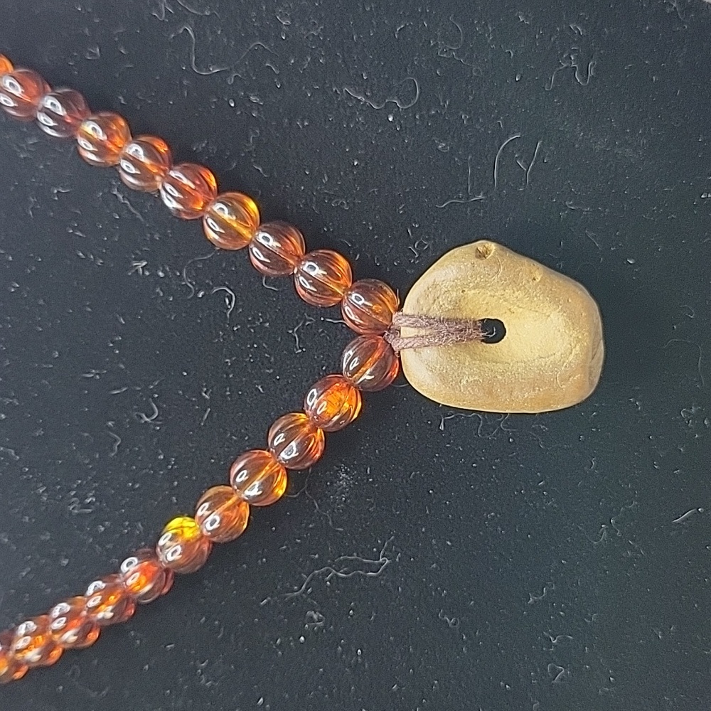 Hag Holey Stone On Cotton Cord & Vintage Silver Tone Chain Reconstituted Amber